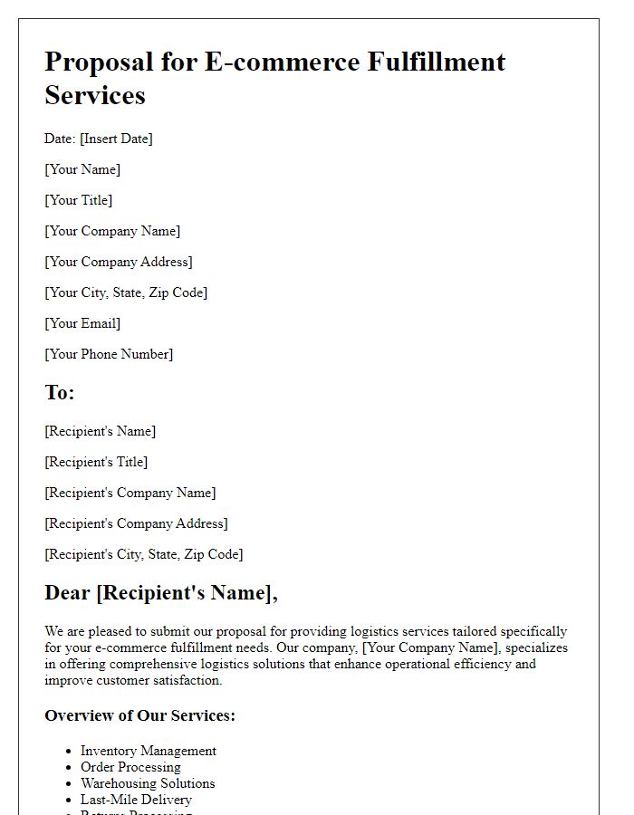 Letter template of logistics services proposal for e-commerce fulfillment.