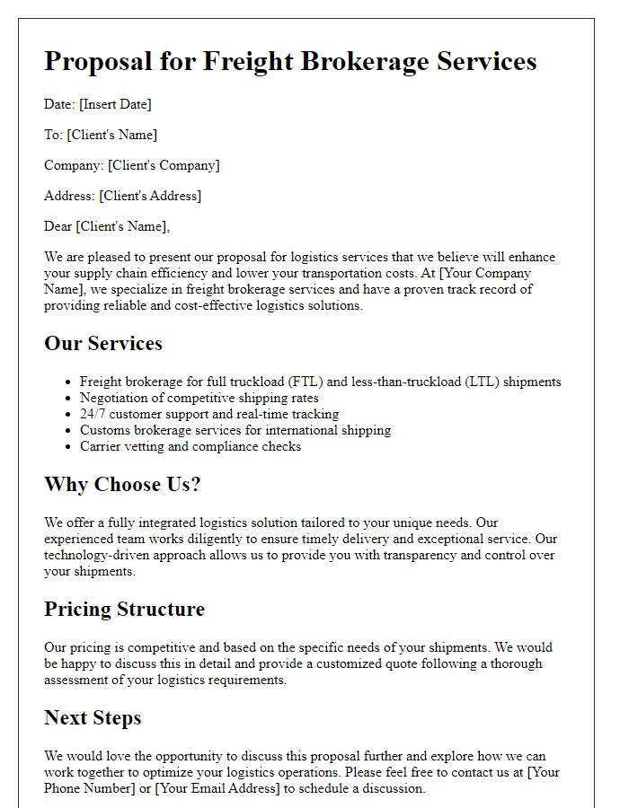 Letter template of logistics services proposal for freight brokerage.