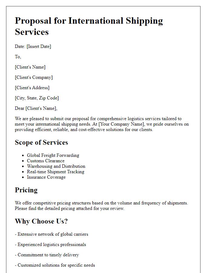 Letter template of logistics services proposal for international shipping.