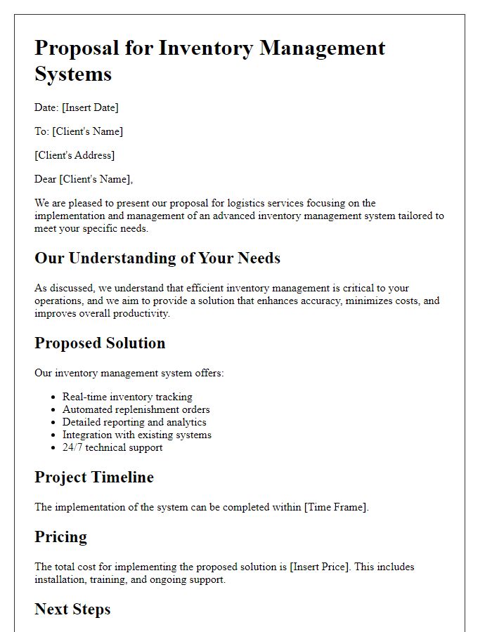 Letter template of logistics services proposal for inventory management systems.