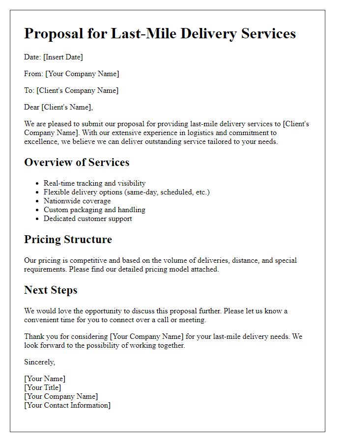 Letter template of logistics services proposal for last-mile delivery services.