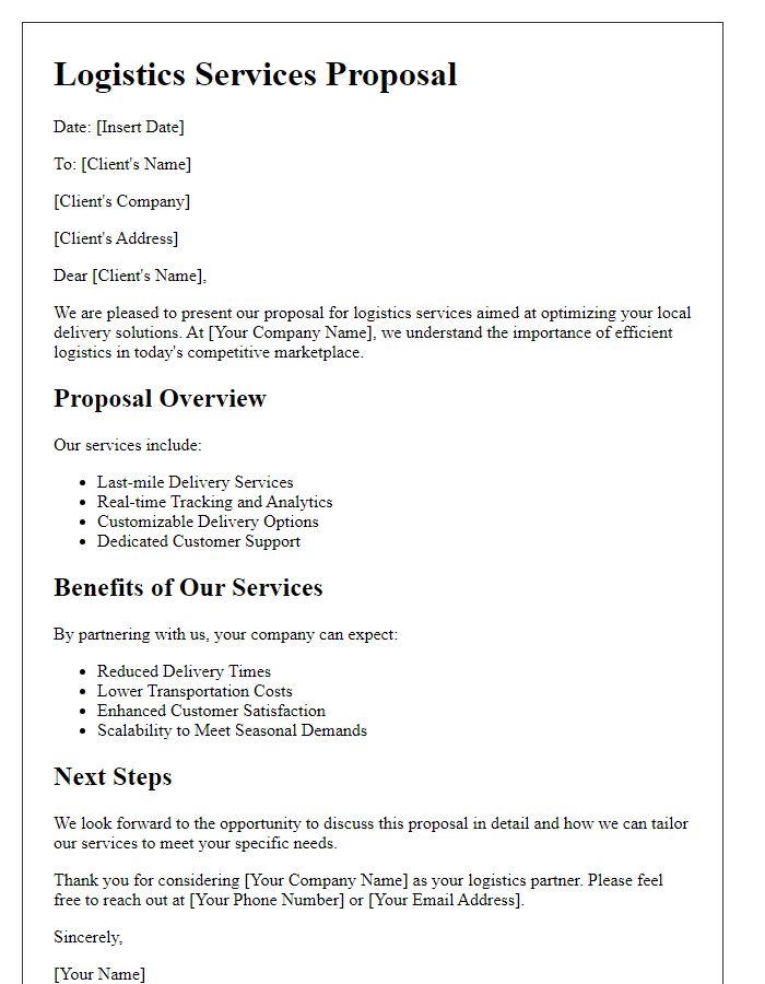 Letter template of logistics services proposal for local delivery solutions.