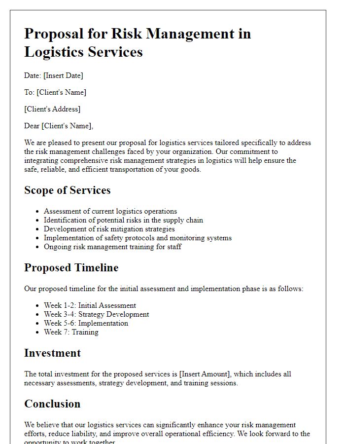 Letter template of logistics services proposal for risk management in logistics.