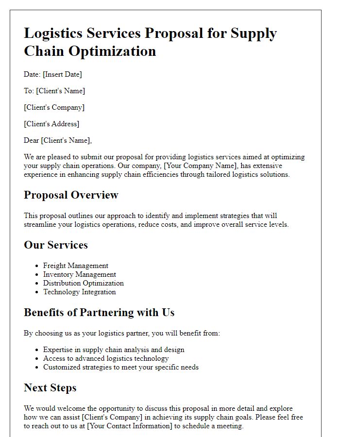 Letter template of logistics services proposal for supply chain optimization.