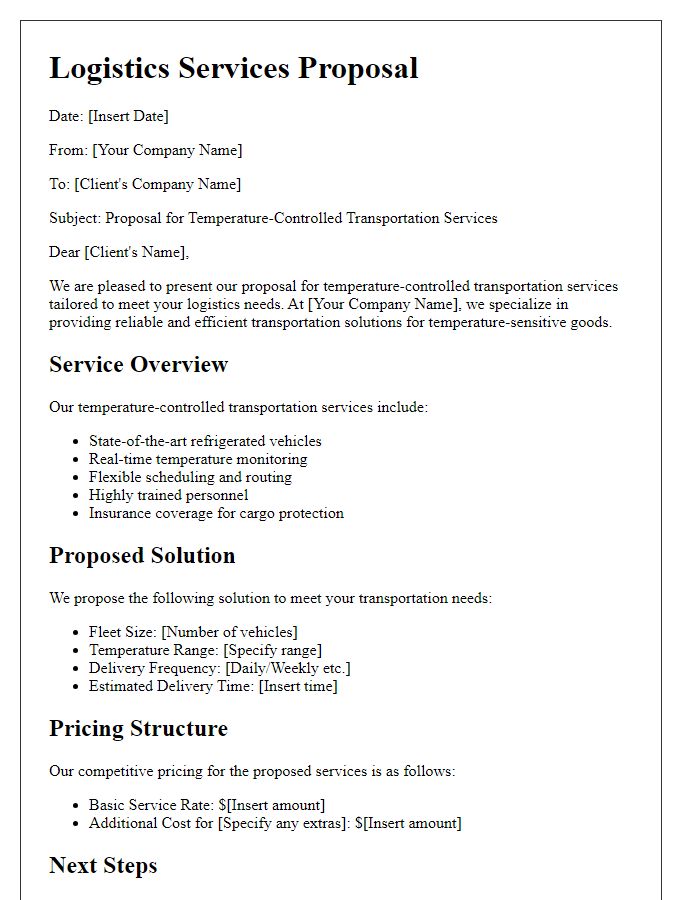 Letter template of logistics services proposal for temperature-controlled transportation.