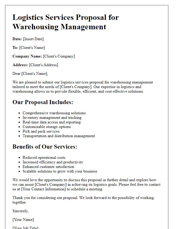 Letter template of logistics services proposal for warehousing management.