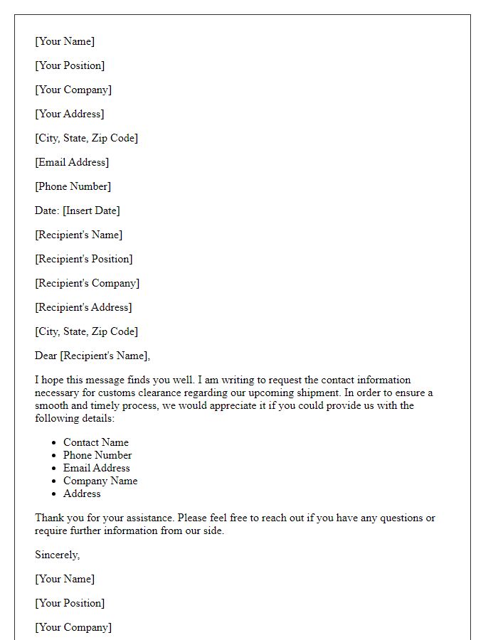 Letter template of customs clearance contact information request