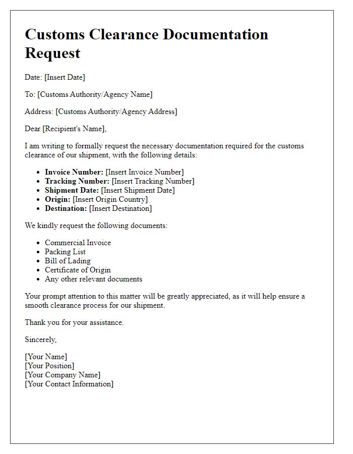 Letter template of customs clearance documentation request