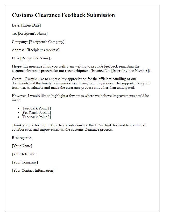 Letter template of customs clearance feedback submission