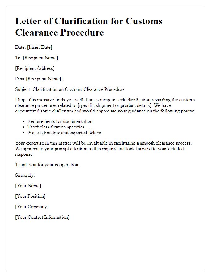 Letter template of customs clearance procedure clarification