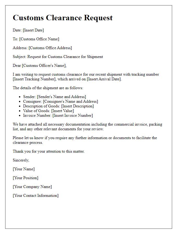 Letter template of customs clearance request for shipment