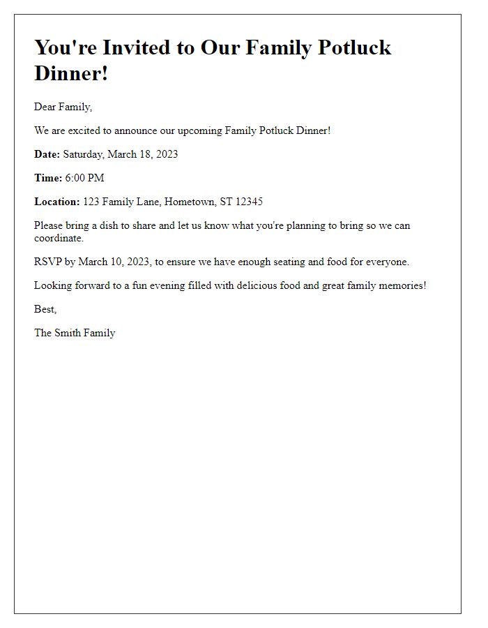 Letter template of family potluck dinner announcement