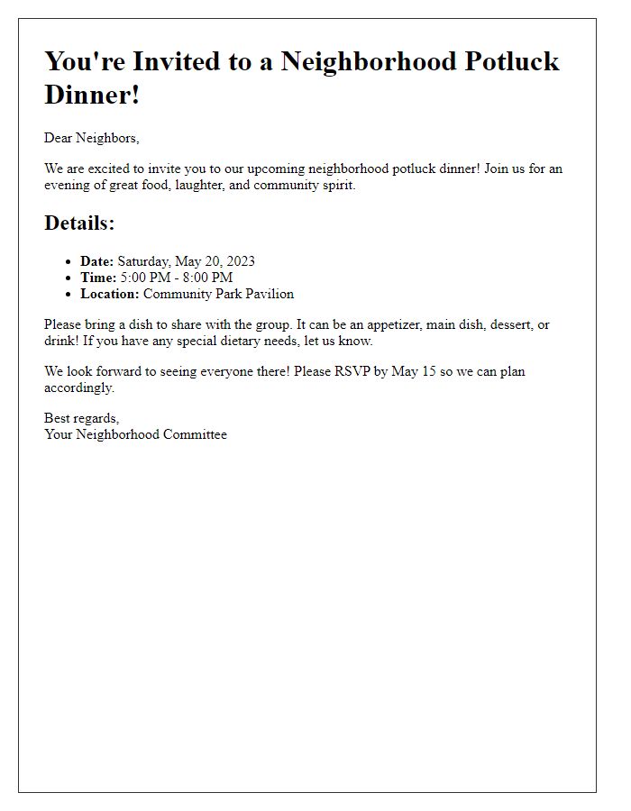 Letter template of neighborhood potluck dinner invitation