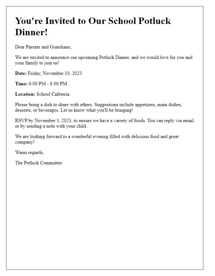 Letter template of school potluck dinner invitation