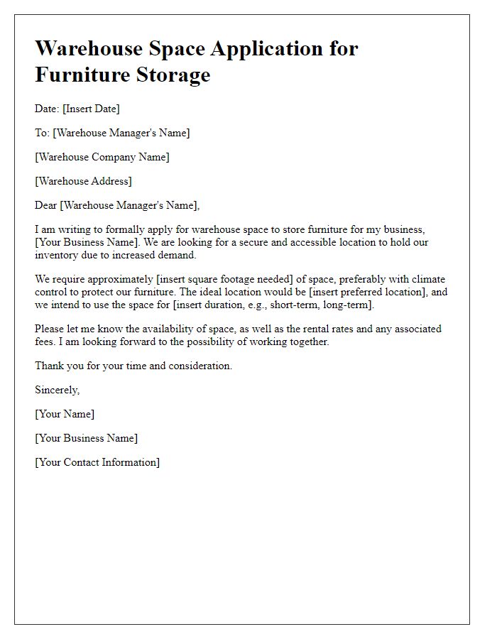 Letter template of warehouse space application for furniture storage