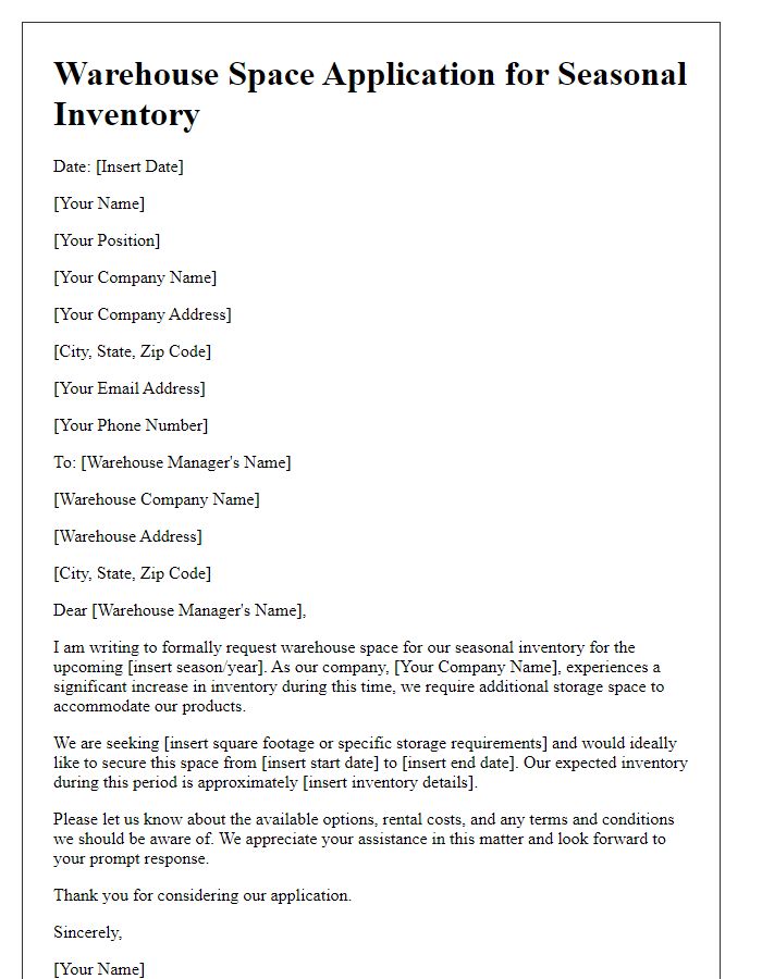 Letter template of warehouse space application for seasonal inventory