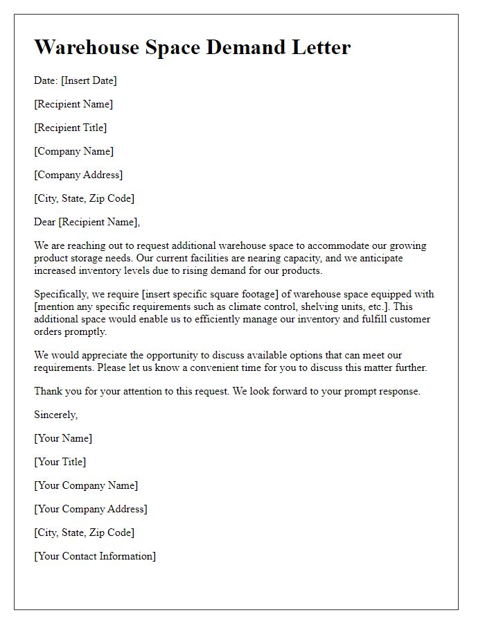 Letter template of warehouse space demand for product storage