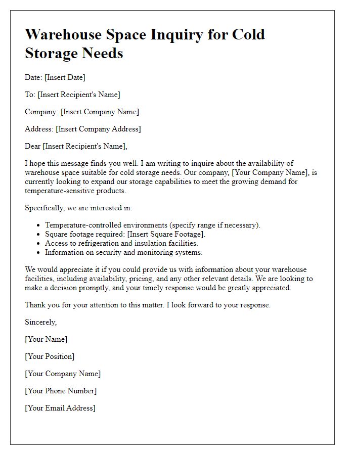 Letter template of warehouse space inquiry for cold storage needs