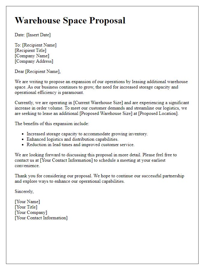 Letter template of warehouse space proposal for expanding operations