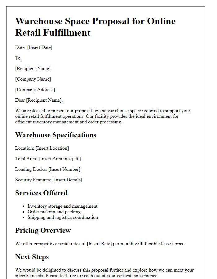 Letter template of warehouse space proposal for online retail fulfillment