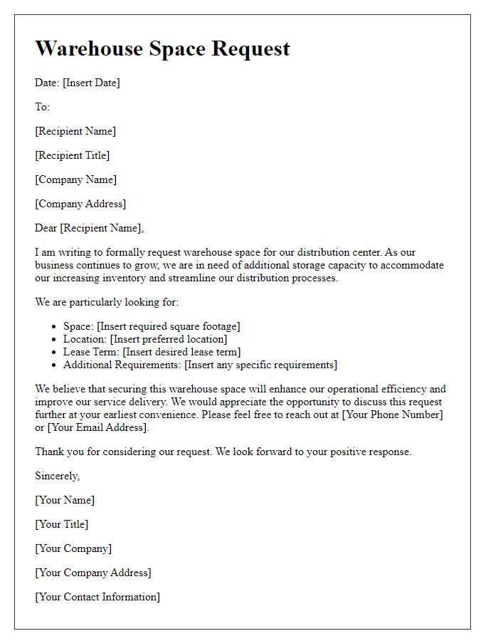 Letter template of warehouse space request for distribution center