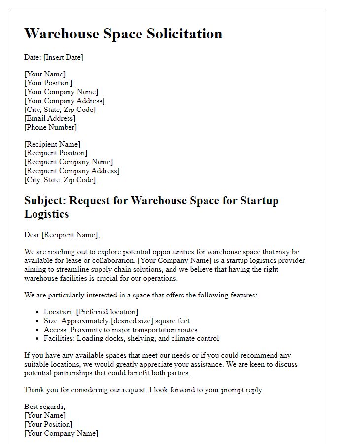 Letter template of warehouse space solicitation for startup logistics