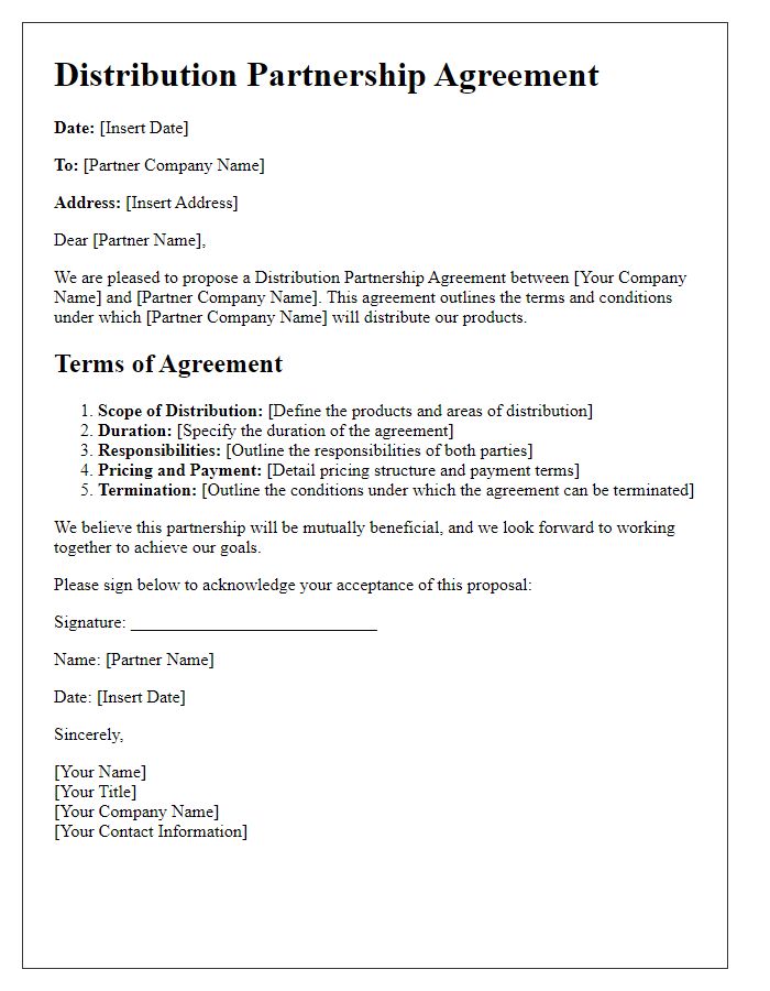 Letter template of Distribution Partnership Agreement