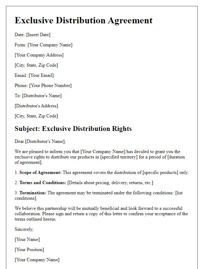 Letter template of Exclusive Distribution Agreement