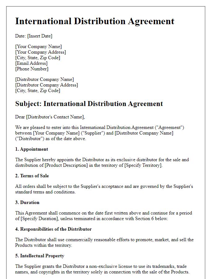 Letter template of International Distribution Agreement