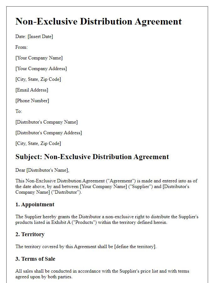 Letter template of Non-Exclusive Distribution Agreement