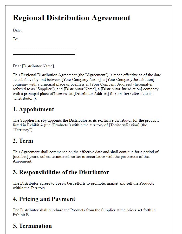 Letter template of Regional Distribution Agreement