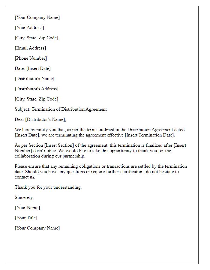 Letter template of Termination of Distribution Agreement