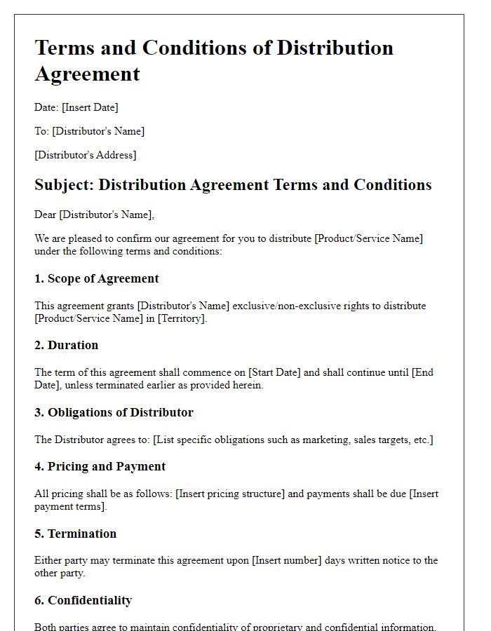 Letter template of Terms and Conditions for Distribution Agreement