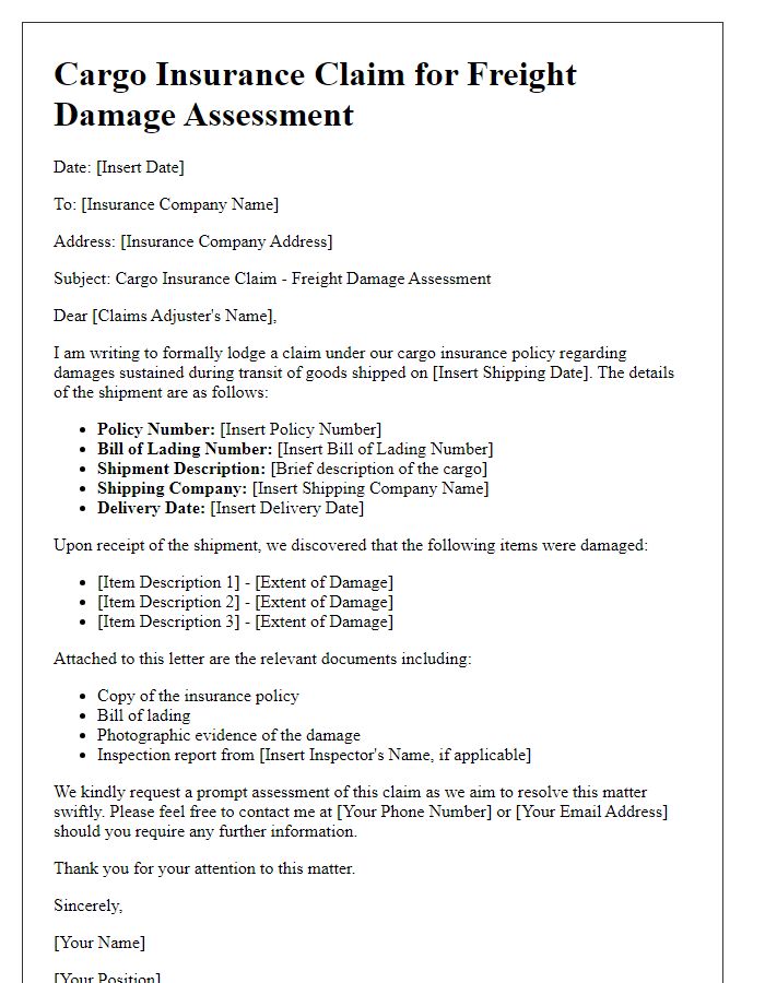 Letter template of cargo insurance claim for freight damage assessment.