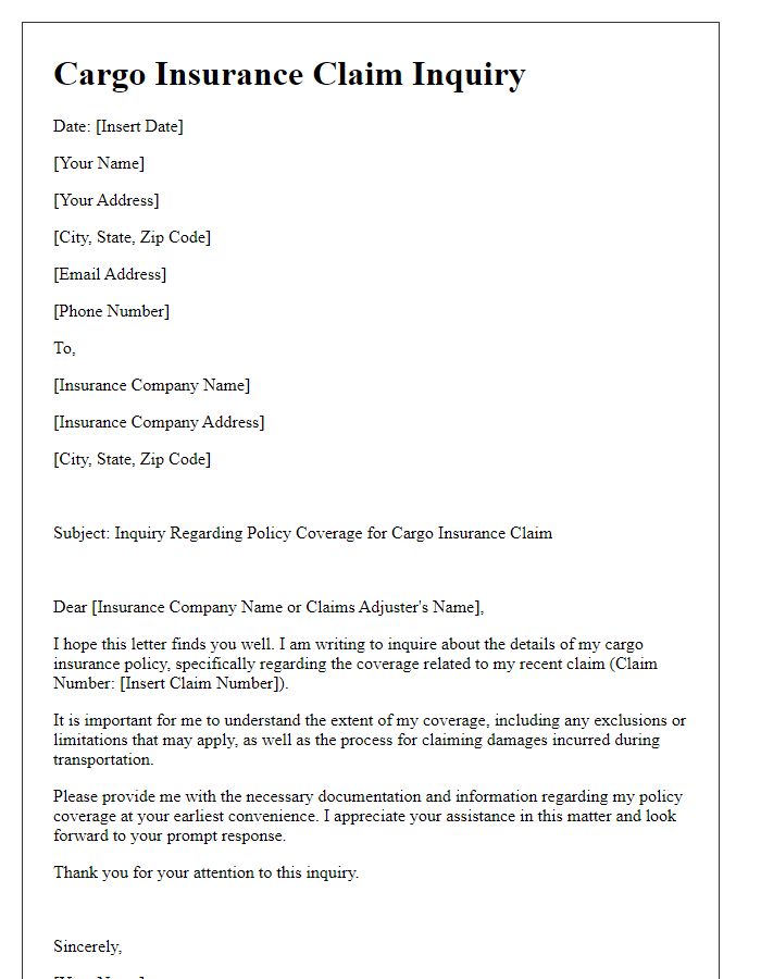 Letter template of cargo insurance claim for policy coverage inquiry.