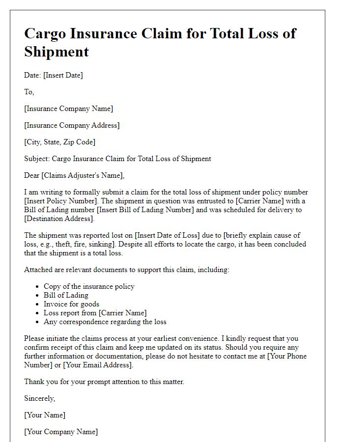 Letter template of cargo insurance claim for total loss of shipment.