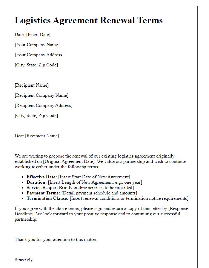 Letter template of logistics agreement renewal terms