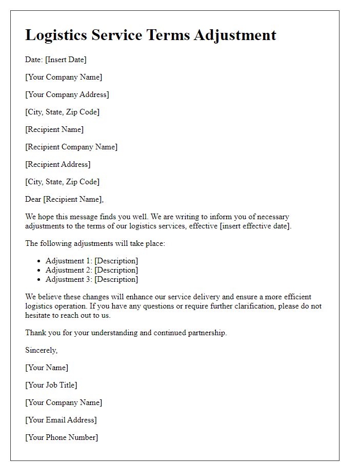 Letter template of logistics service terms adjustment