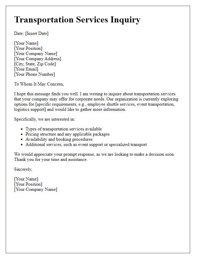 Letter template of transportation services inquiry for corporate needs