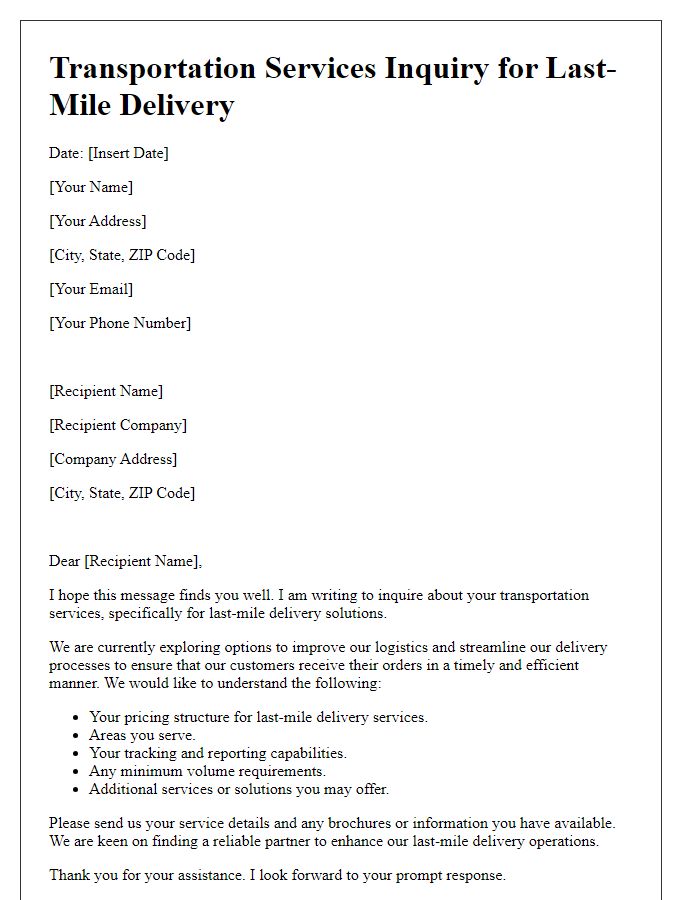 Letter template of transportation services inquiry for last-mile delivery