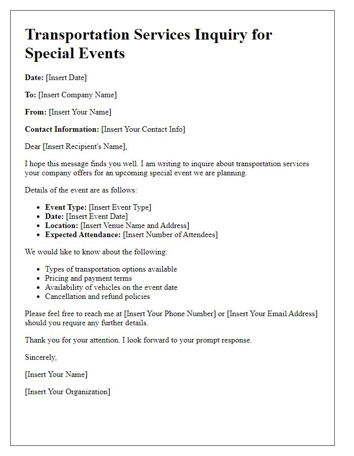 Letter template of transportation services inquiry for special events