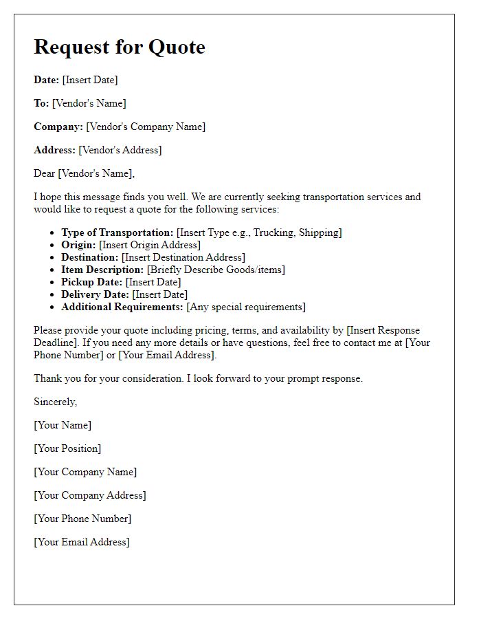 Letter template of transportation services request for quote