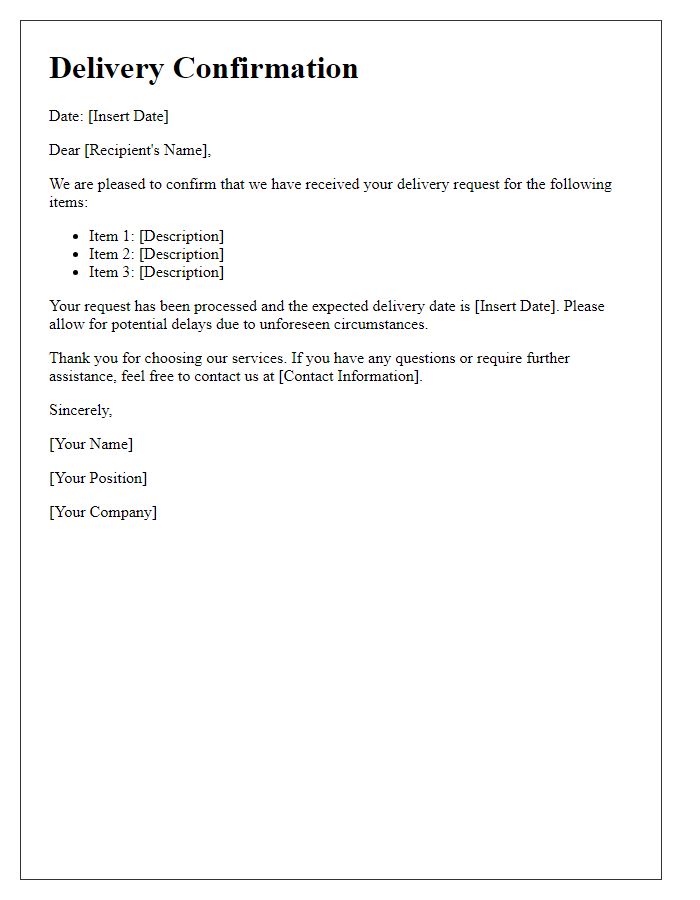 Letter template of confirmation of delivery request