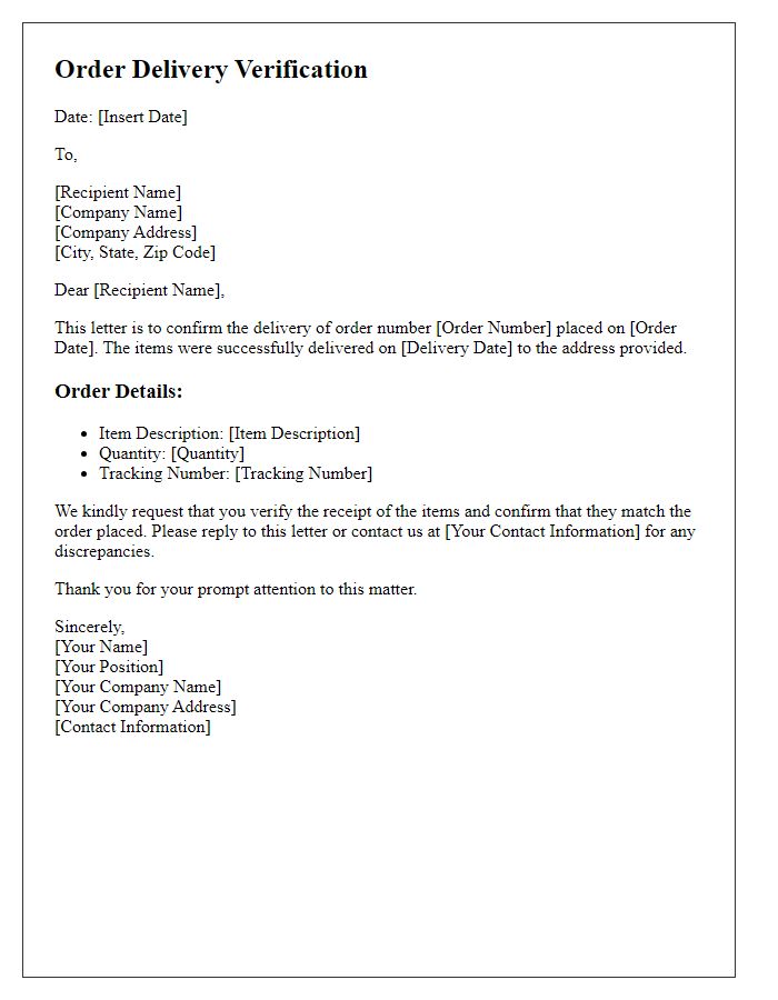 Letter template of order delivery verification