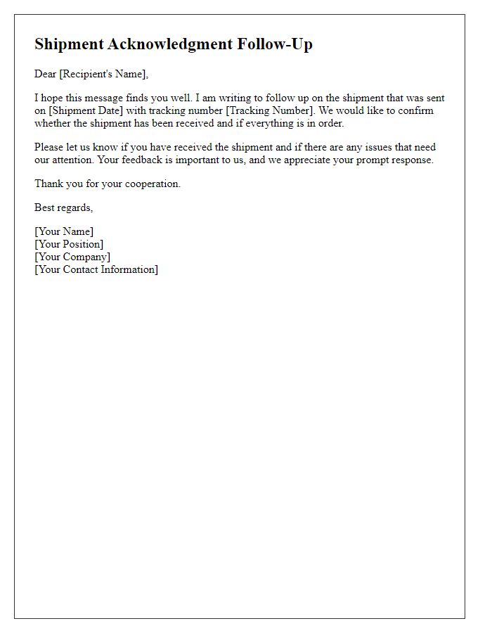 Letter template of shipment acknowledgment follow-up