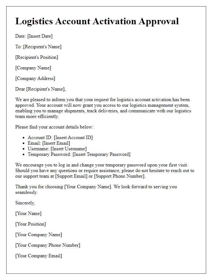 Letter template of logistics account activation approval