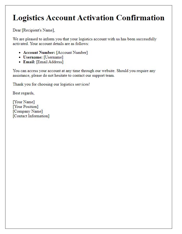 Letter template of logistics account activation confirmation