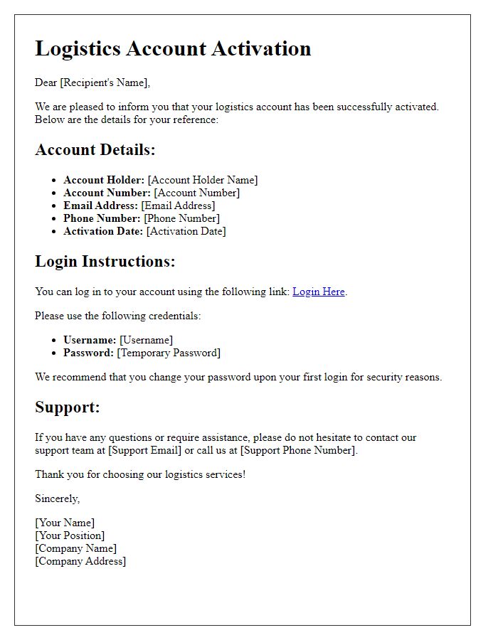 Letter template of logistics account activation details