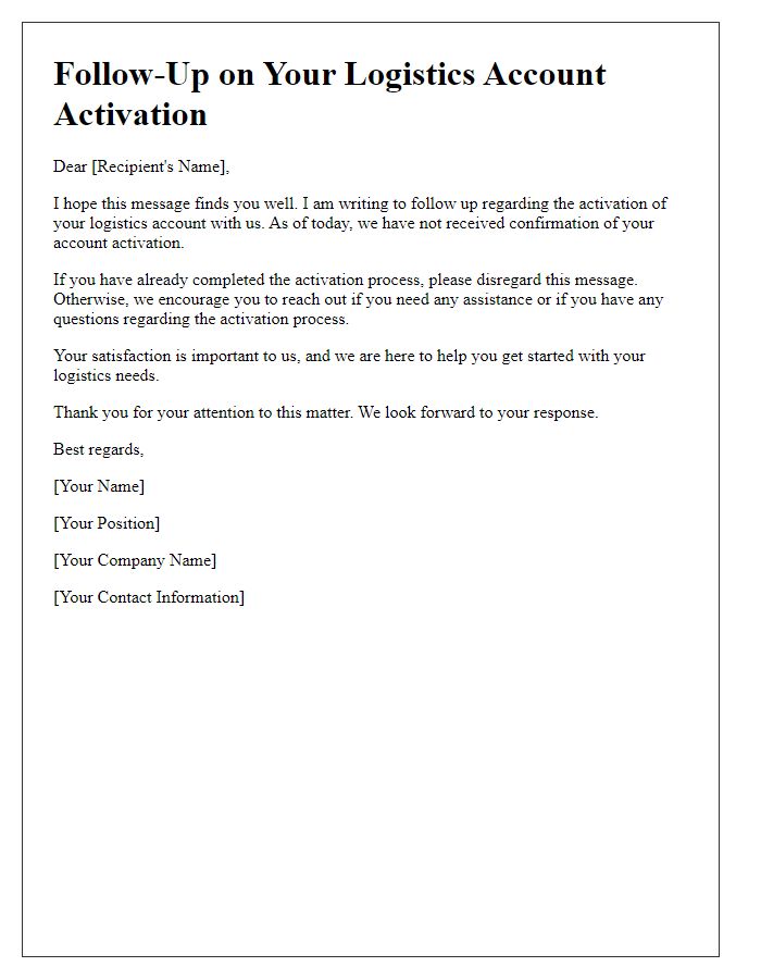 Letter template of logistics account activation follow-up