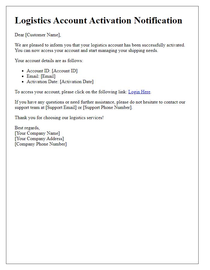 Letter template of logistics account activation notification